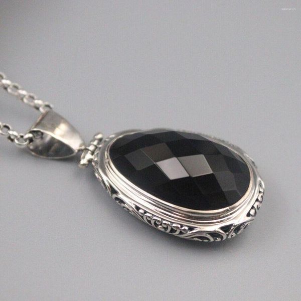 Chaînes Solid 925 Silver Silver Natural Oval Black Agate Pendentif Rolo Link Chain 20 