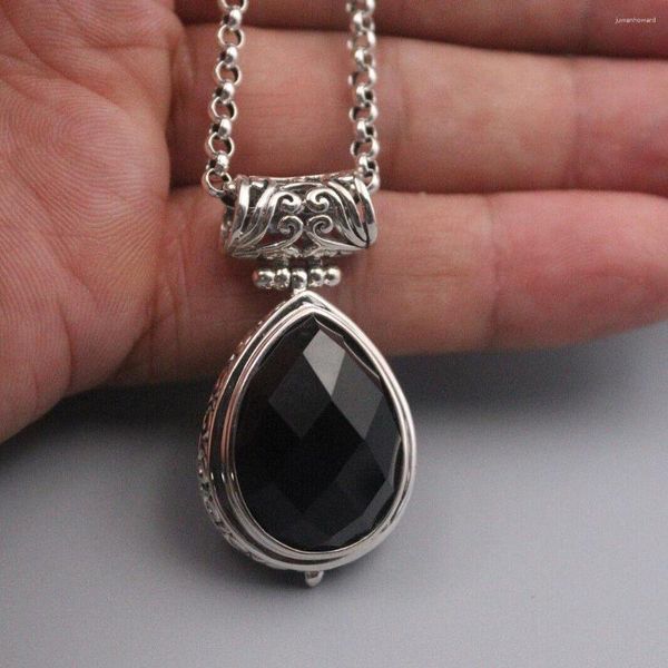 Chaînes en argent sterling 925 massif avec pendentif en agate noire et poire Rolo Link Chain 20