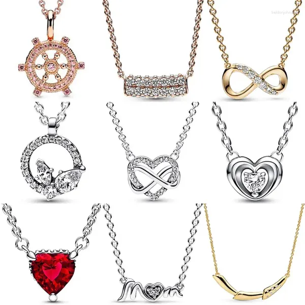 Cadenas Sparkling Infinity Heart Rose Ships Helm Timeless Bar Collier 925 Collar de plata esterlina para mujer Bead Charm DIY Joyería