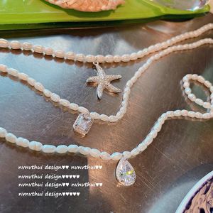 Chaînes Sparkling Water Drop Gem Collier de perles d'eau douce Bright Streamer Zircon Shining Diamond Clavicle Chain Choker Pure