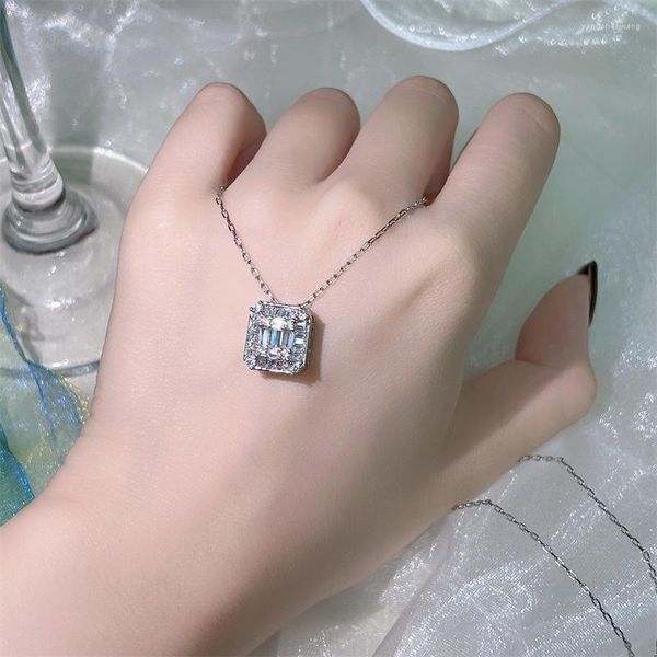 Chaînes carrées 925 pendentif en argent Sterling collier diamant pierre Unique mariage bijoux fins avec chaîne de 45 cm
