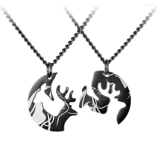 Chaînes En Acier Inoxydable Animal Graver Elk Noir Jigsaw Puzzle Pendentif Collier Amant Bijoux Cadeau Pour Lui Avec Chaîne