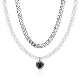 Chaînes en acier inoxydable perle artificielle coeur noir perles cercle mode Wemon pendentif colliers bijoux cadeau pour dames