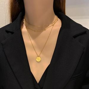 Chaînes en acier inoxydable perlé Vintage bonne chance charmes chaîne ras du cou pendentif rond collier pour femmes mode bijoux fins cadeau