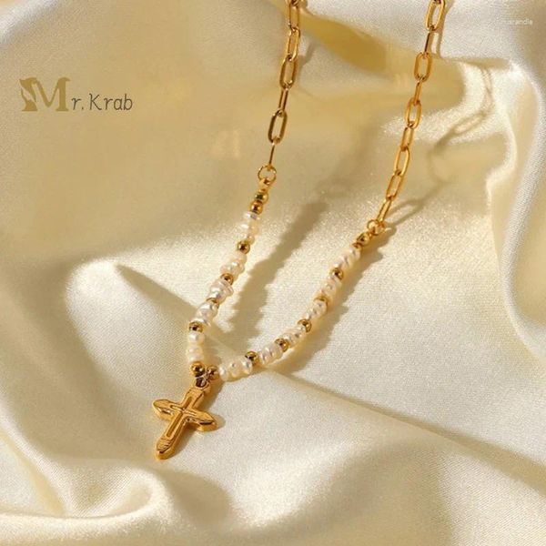 Chaines Perles en acier inoxydable Collier de perle Gold Couleur métallique croix Pendante Choker pour femmes filles minimalistes de bijoux punk d'été