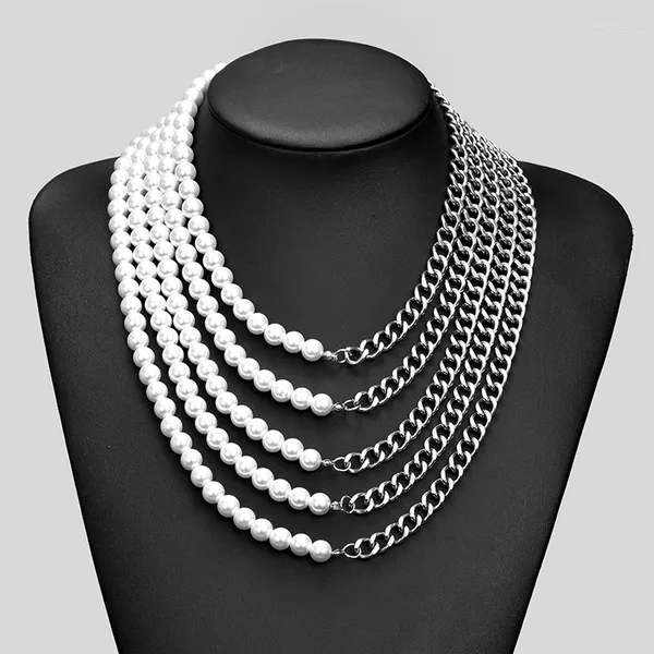 Chaînes en acier inoxydable cubain gourmette chaîne perle collier ras du cou pour femmes hommes punk hip-hop 8mm blanc perlé couleur argent bijoux