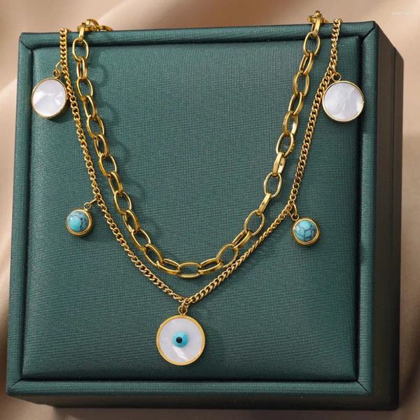 Chaînes en acier inoxydable double couche Blue Eye Pendentif Collier pour femme Vintage Pull Chaîne Bijoux de Noël Cadeaux Drop