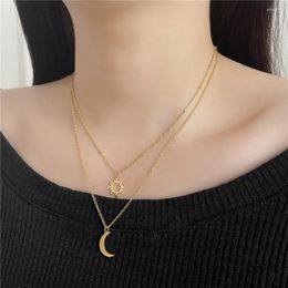 Chaînes en acier inoxydable mode pendentif multicouche Style soleil lune perlé chaîne collier pour femmes bijoux fête ami cadeaux