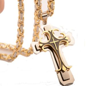 Chaînes en acier inoxydable Jésus Christ Croix Pendentif Collier Byzantin Lien Chaîne Argent Couleur Or Plaqué Hommes Garçon BijouxGiftChains