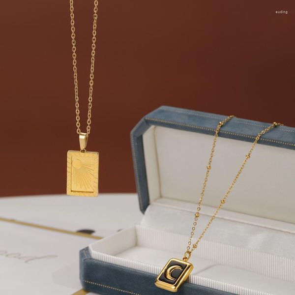 Chaînes En Acier Inoxydable Rectangle Pendentif Lune Soleil Collier Plaqué Or 14k No Fade Titanium Girl Friend Pull