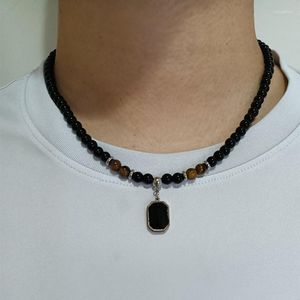 Chaînes en acier inoxydable oeil de tigre noir cristal pendentif collier hommes personnalité mode pierre naturelle brin bijoux en perles