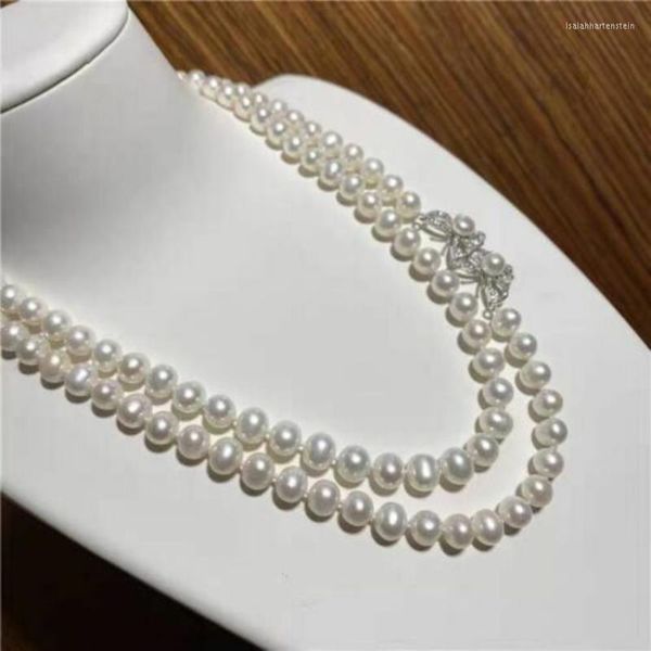Cadenas Impresionante collar de perlas blancas redondas de 8-9 mm del Mar del Sur de dos hebras de plata 925