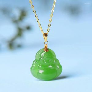 Chaînes Style incrusté naturel Hetian Jade Jasper Maitreya Bouddha pendentif classique collier en argent frais charme fête bijoux de mariage