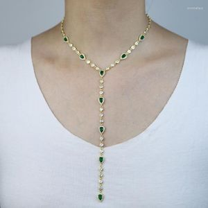 Chaînes Summer Coloré Femmes Bijoux Plaqué Or Rouge Bleu Vert Blanc Larme Ronde CZ Lien Chaîne Sexy Y Lariat Long Collier