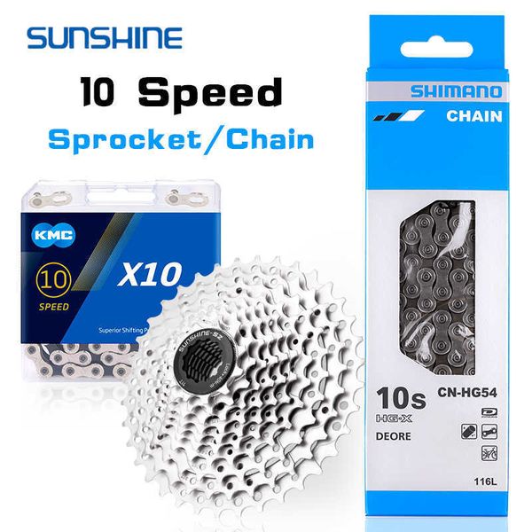 Chaînes SUNSHINE 10V VTT 11-25/28/32/36/40/42/46/50T 10s Cassette KMC X10 chaîne de vélo de route Shimano HG54 116 maillons pour vélo 10 vitesses 0210