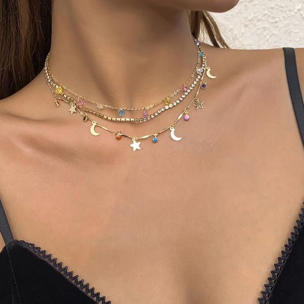 Chaînes Style doux coloré Love Star et lune pendentif collier pour femmes simple diamant clouté chaîne à la main bijoux dame cadeaux