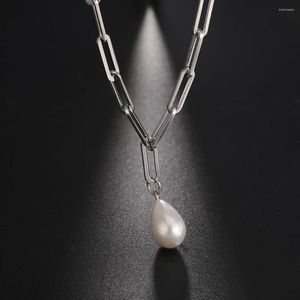 Chaînes Teamer Perle Goutte D'eau Perles Pendentif Collier Pour Femmes En Acier Inoxydable Colliers Trombone Carré Cou Chaîne Ras Du Cou Bijoux