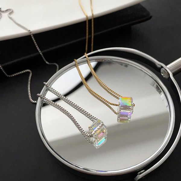 Chaînes Titane Acier Carré Pendentif Collier Pour Femmes Cube Cristal D'été Vêtements Bijoux Accessoire Chaînes