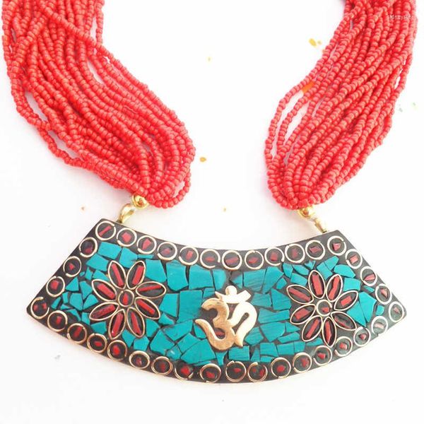 Chaînes TNL600 népal gros pendentifs Vintage rouge Mini collier de perles mode tribale en gros bijoux tibétains faits à la main