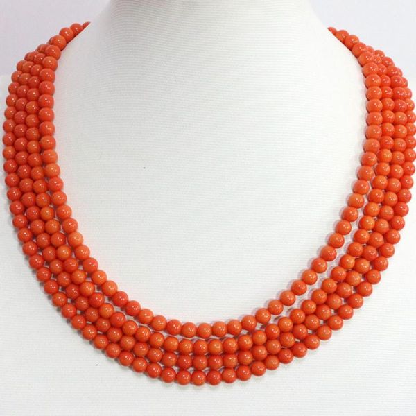 Chaînes Top Qualité 4 Rangées Faux Rose Orange 6mm Perles Rondes Corail Artificiel Chaîne Beauté Haute Qualité Collier Bijoux 17-20 pouces B1452