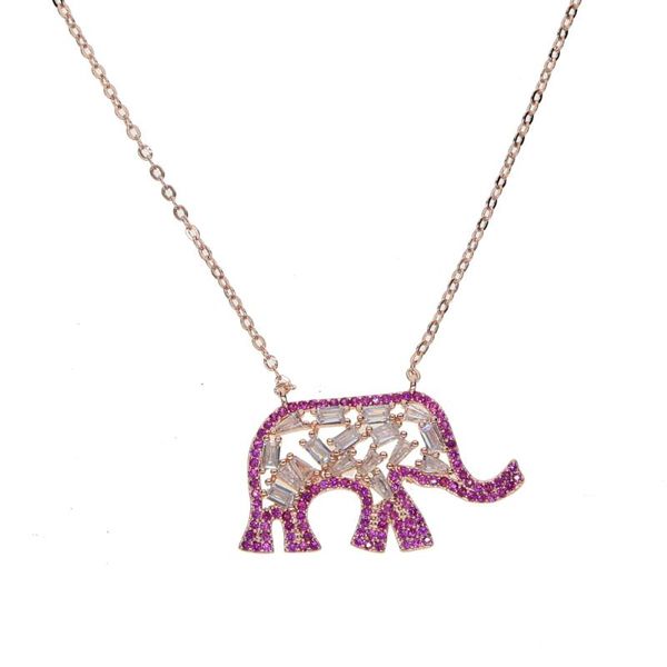 Cadenas de calidad superior Fábrica Joyería Fina Chispas Cubic Zirconia Lindo Animal Colgante Rosa Color Oro Elefante Encanto Moda CollarChains Ch