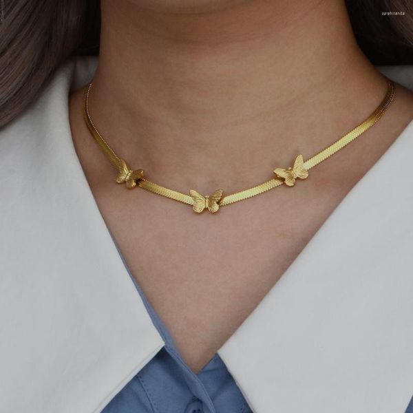 Cadenas Collares de cadena de espina de pescado de moda para mujeres Regalos de joyería de fiesta Pulseras chapadas en oro de acero inoxidable de 18 quilates con mariposa