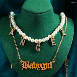 Kettingen Trendy Goud Kleur Babygirl Brief Hanger Ketting Voor Vrouwen Multilayer Parel Angel Crystal Choker Partij Sieraden