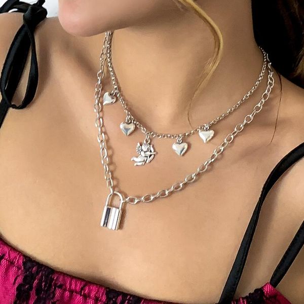 Cadenas modernas ángulo de plata de plata mirada colgante de corazón mujeres doble capa clavícula clavícula clavina de collar de aleación de aleación collares de gargantilla