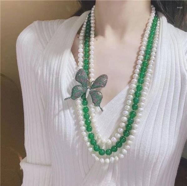 Cadenas Triple Strand Natural Ágata genuina Mar del Sur Perla blanca Collar de jade verde 18 