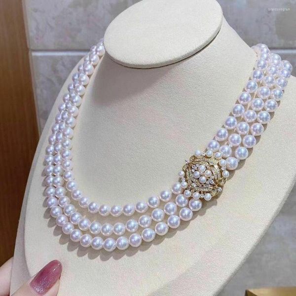 Chaînes Triple Strands 7-8mm Collier de perles blanches Akoya naturelles 18