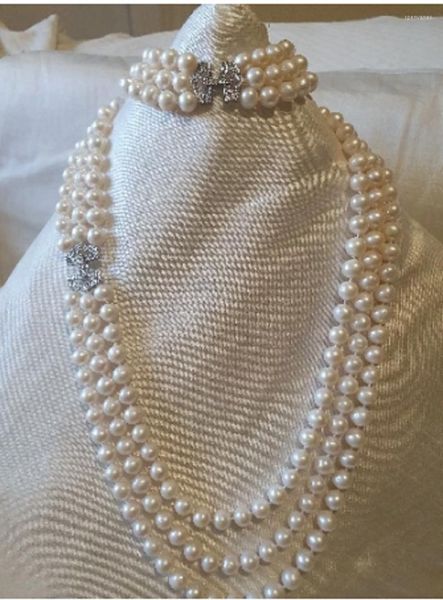 Cadenas Triple Strands 8-9MM Natural South Sea White Pearl Gargantilla Collar PULSERA 18-21 pulgadas