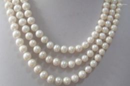 Chaînes Triple Brins 9-10mm Collier de Perles Naturelles Blanches des Mers du Sud 18-20" Fermoir Jaune