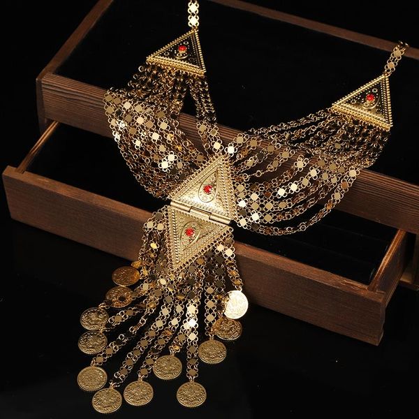 Cadenas Collar de moneda turca Chapado en oro Joyería nupcial Mulismo árabe Tassles Cadena Hecho a mano Regalos de lujo para mujeres Cadenas