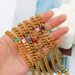 Chaînes douze pierres de naissance chaîne de cou de cou 3azircon bracelet véritable couleur or bijoux ensemble en acier inoxydable collier cubain pour les femmes en gros
