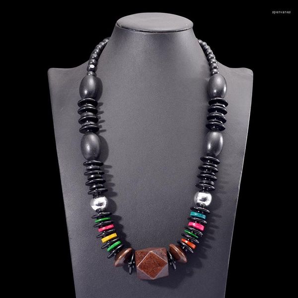 Cadenas UDDEIN, Collar de cadena de cuentas de madera negra tejido a mano para mujer, Collar de gema de madera con geometría marrón, joyería, gargantillas Bohemias