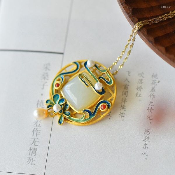 Chaînes Design Unique exquis rond naturel Hetian Jade perle gland pendentif Style chinois clavicule chaîne argent bijoux cadeau