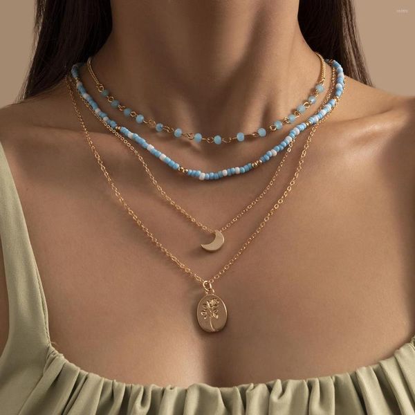 Chaînes Vintage Blue Crystal Seed Perle Layered Colliers Colliers Femmes Bicolor Clavicule Bijoux Tendance Lune Géométrique Charms Punk Collier