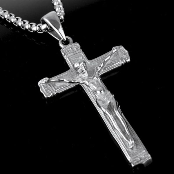 Chaînes Vintage Cool En Acier Inoxydable Argent Couleur Jésus Croix Crucifix Collier Pendentif Boîte Chaîne 24 