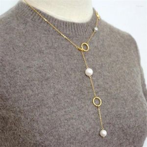 Chaînes Vintage Mode En Acier Inoxydable Naturel Perle Bijoux Pendentif Collier Pour Femmes Exquis Simple Automne/Hiver Chandail Chaîne