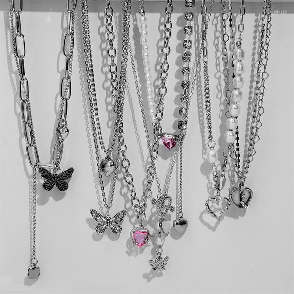 Chaînes Vintage Goth Coeur Collier De Mode Papillon Perle Rose Cristal Goutte Asymétrique Accessoires Doux Chaîne À La Mode