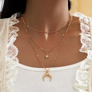 Chaînes Vintage multicouche cristal pendentif collier femmes bohême couleur or lune étoile corne croissant tour de cou colliers bijoux 2022