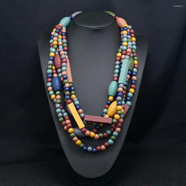 Chaînes Vintage Collier Exagéré À La Main Coloré Multicouche Perles Ethnique Gland Bois Perlé Bavoir Bijoux De Mode