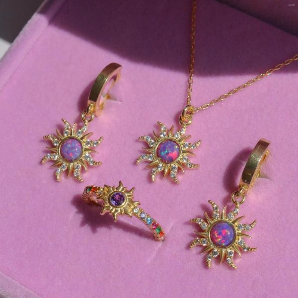 Chaînes Vintage Opal Sun Collier pour femmes plaqué or mince chaîne bracelets bague zircone fête de mariage bijoux accessoires