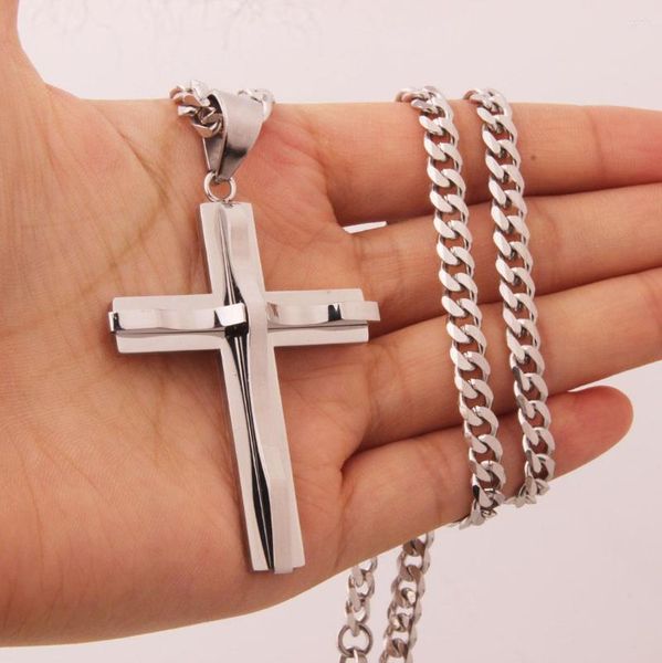 Chaînes Vintage en acier inoxydable couleur argent croix collier Crucifix Pendan bijoux pour femmes hommes 6mm chaîne