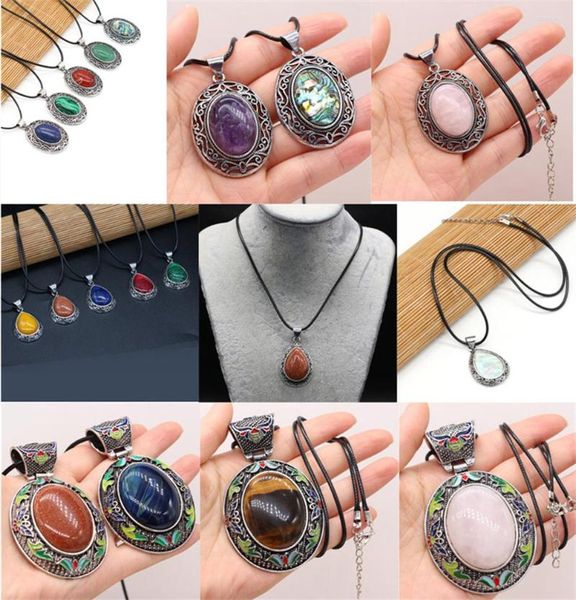 Chaînes Vintage Pierre Collier Ovale Naturel Rose Quartz Rouge Agate Lapis Lazuli Oeil De Tigre Opale Pendentif Corde Chaîne Pour Femmes Bijoux Cadeaux