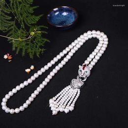 Chaînes Blanc 8mm Shell Perle Bijoux Pull Chaîne Collier Mode Léopard Tête Incrustation Zircon 6mm Gland