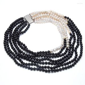 Chaînes Perle Blanche Collier Onyx Noir 7 Rangs 18