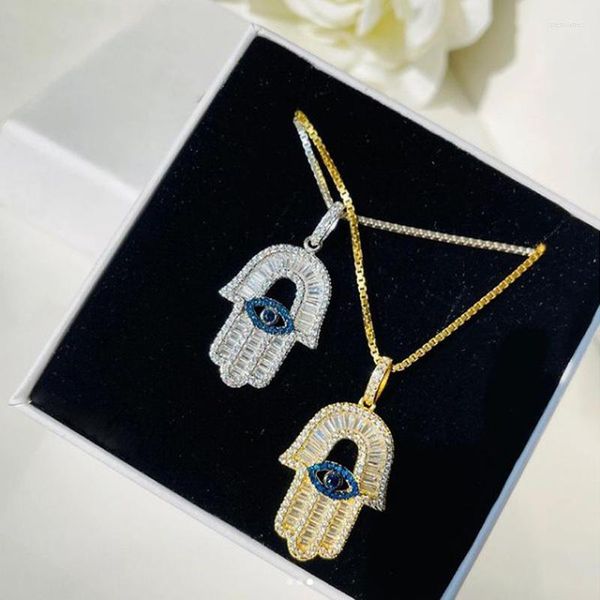 Chaînes en gros arrivent turc Hamsa main pendentif pour femmes glacé bling mode clair bleu cubique zircone boîte chaîne collier