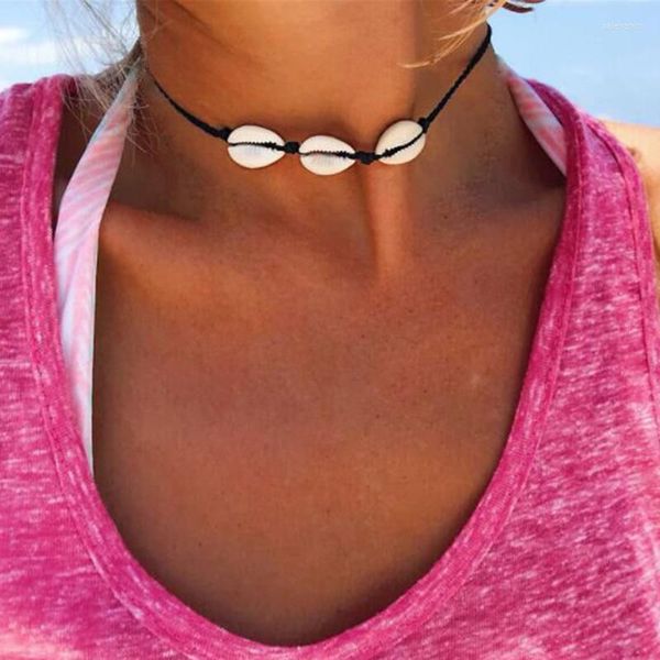 Chaînes En Gros Bohème Femmes Bijoux Simple Corde Noire Chaîne Argent Couleur Perles Shell Clavicule Collier Ras Du Cou Accessoires De Plage