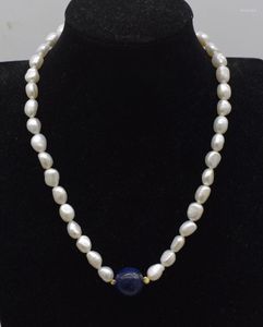 Chaînes En Gros Perle D'eau Douce Blanc Baroque Et Bleu Lapis Collier Rond 17 pouces FPPJ Nature Perles